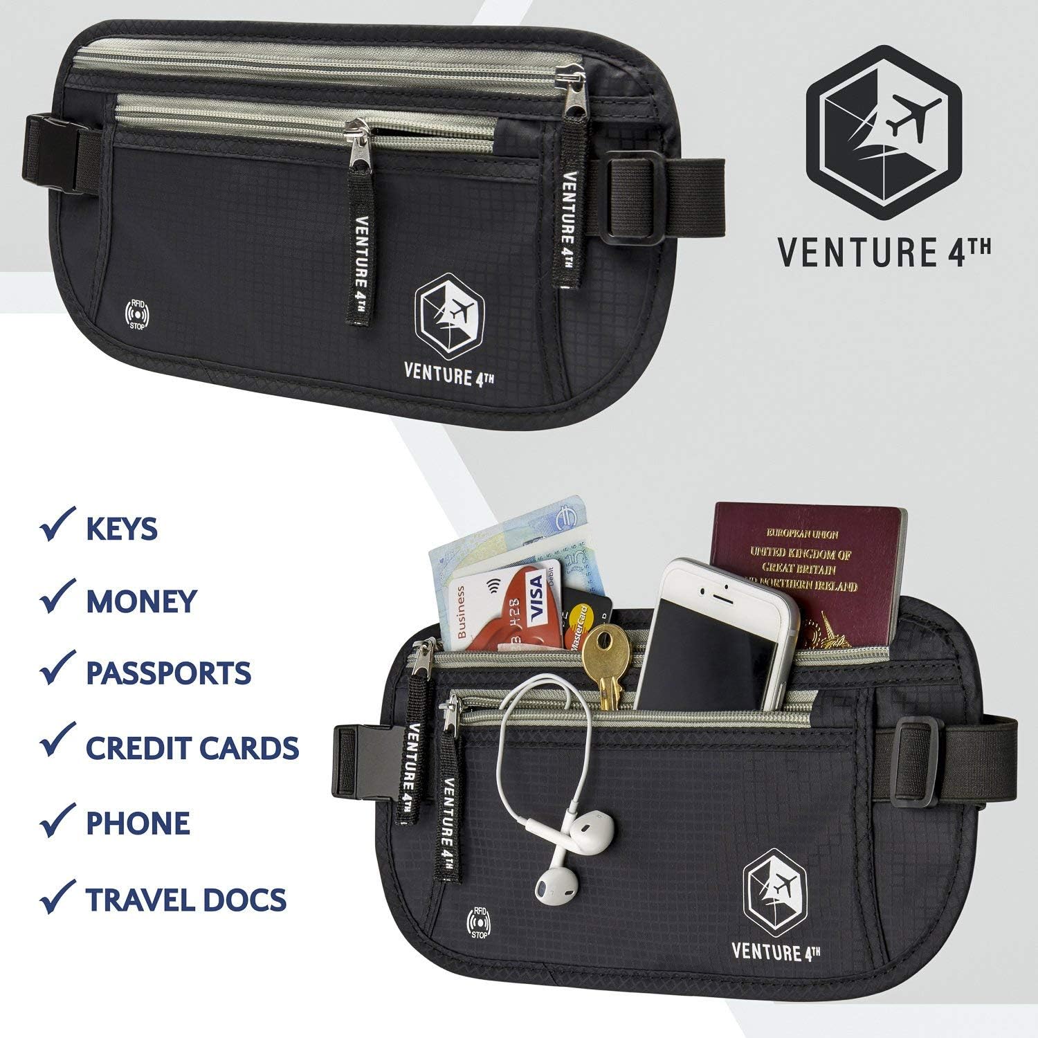 | Slim Minimalist Design Money Belt, RFID Blocking for Men & Women - Ideal for Keeping Your Cash, Credit Card, Passport, Phone Safe When Traveling (Black) | Travel Wallets