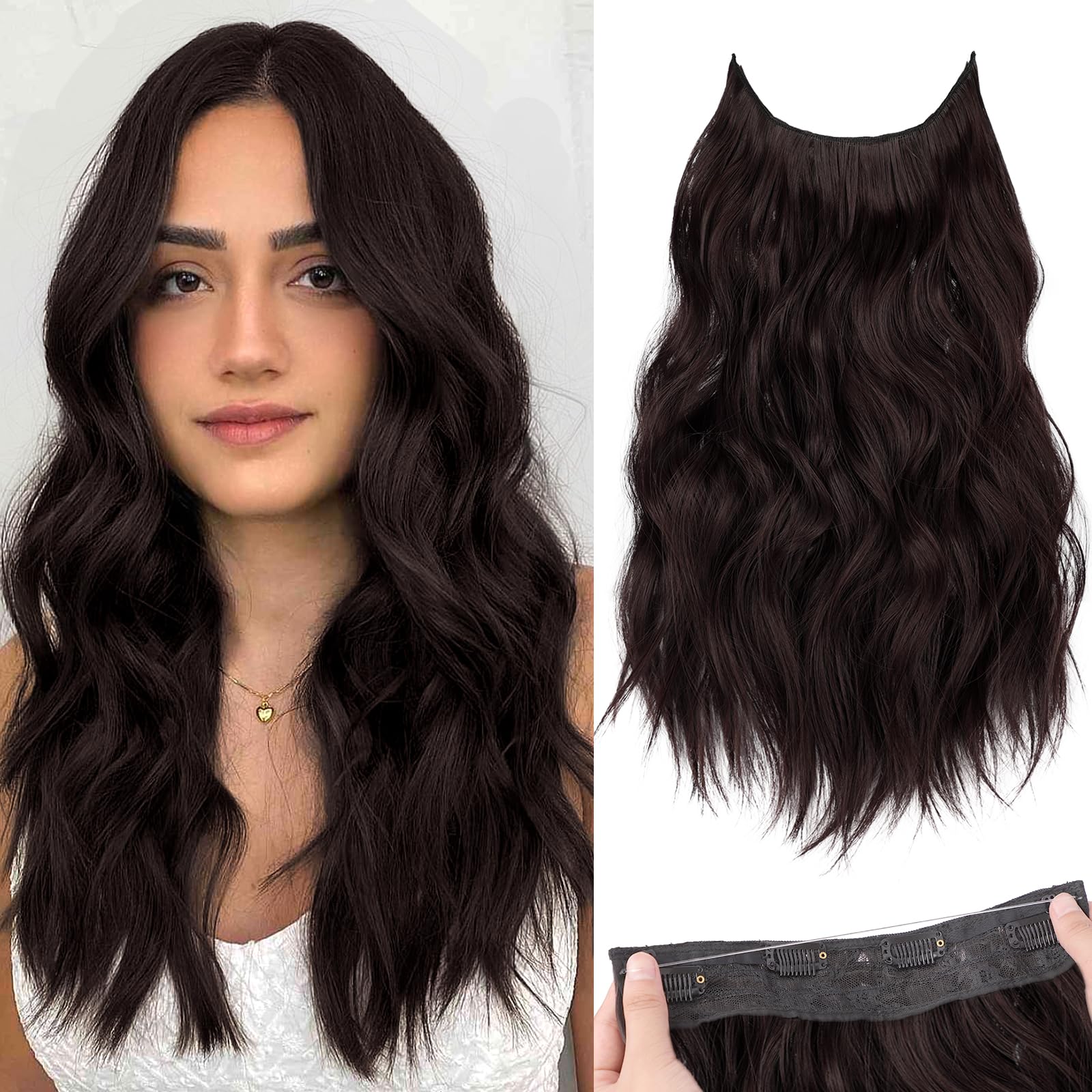 Photo 1 of KooKaStyle Invisible Wire Hair Extensions with Transparent Headband Adjustable Size 4 Secure Clips Long Wavy Hairpiece 16 Inch Reddish Chocolate Brown for Women