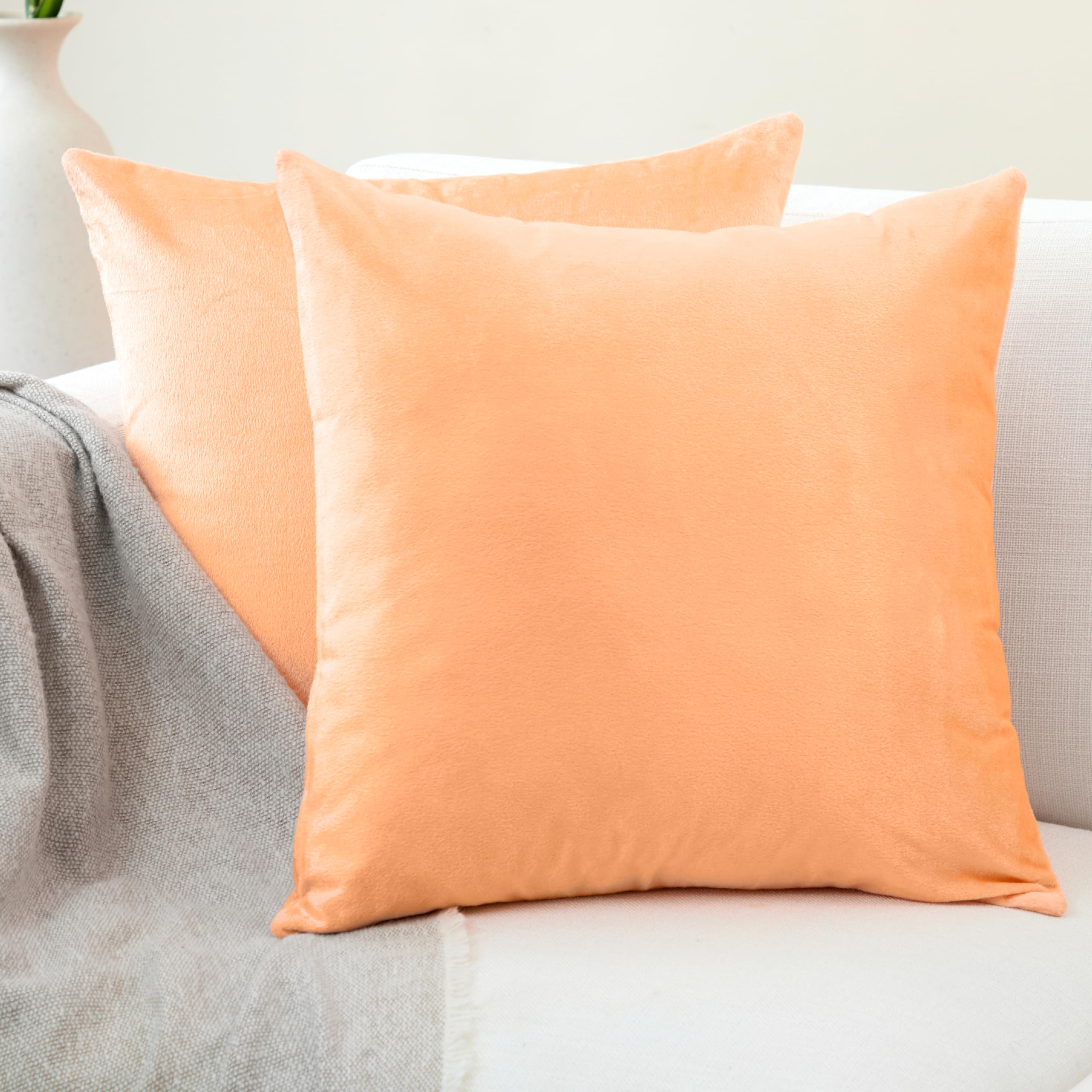 Encasa XO Velvet Cushion Covers (60x60 cm) Set of 02 | Peach | Luxurious Square Velvet Throw Pillow Covers With Invisible Zippers | Living Room, Sofa, Chair
