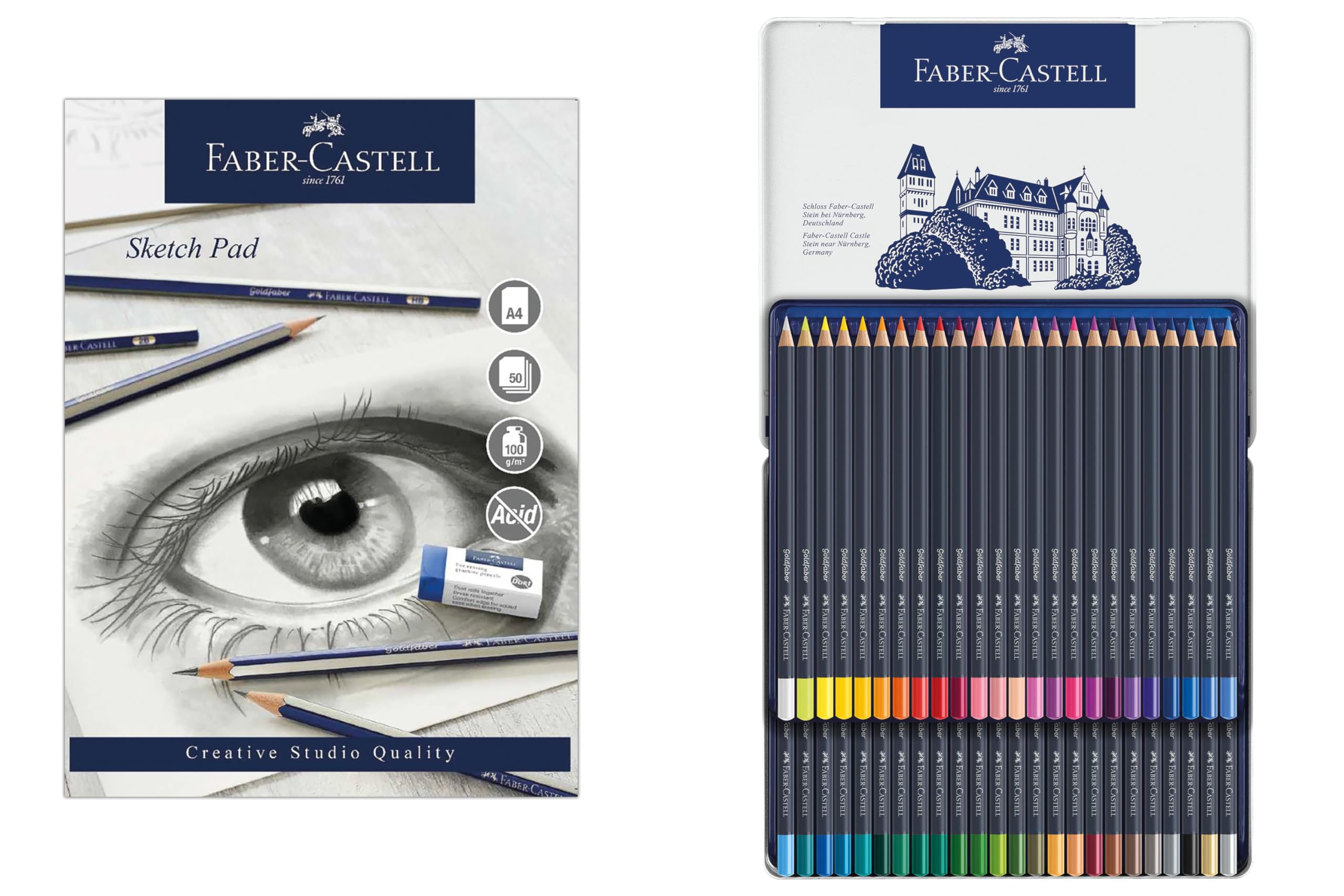 Faber-Castell Goldfaber, Colour Pencil Set, Tin of 48 & Sketch Pad, A4, Gummed Paper Pad 100gsm, 50 Sheets, Art, Sketching, Drawing, Artist Supplies