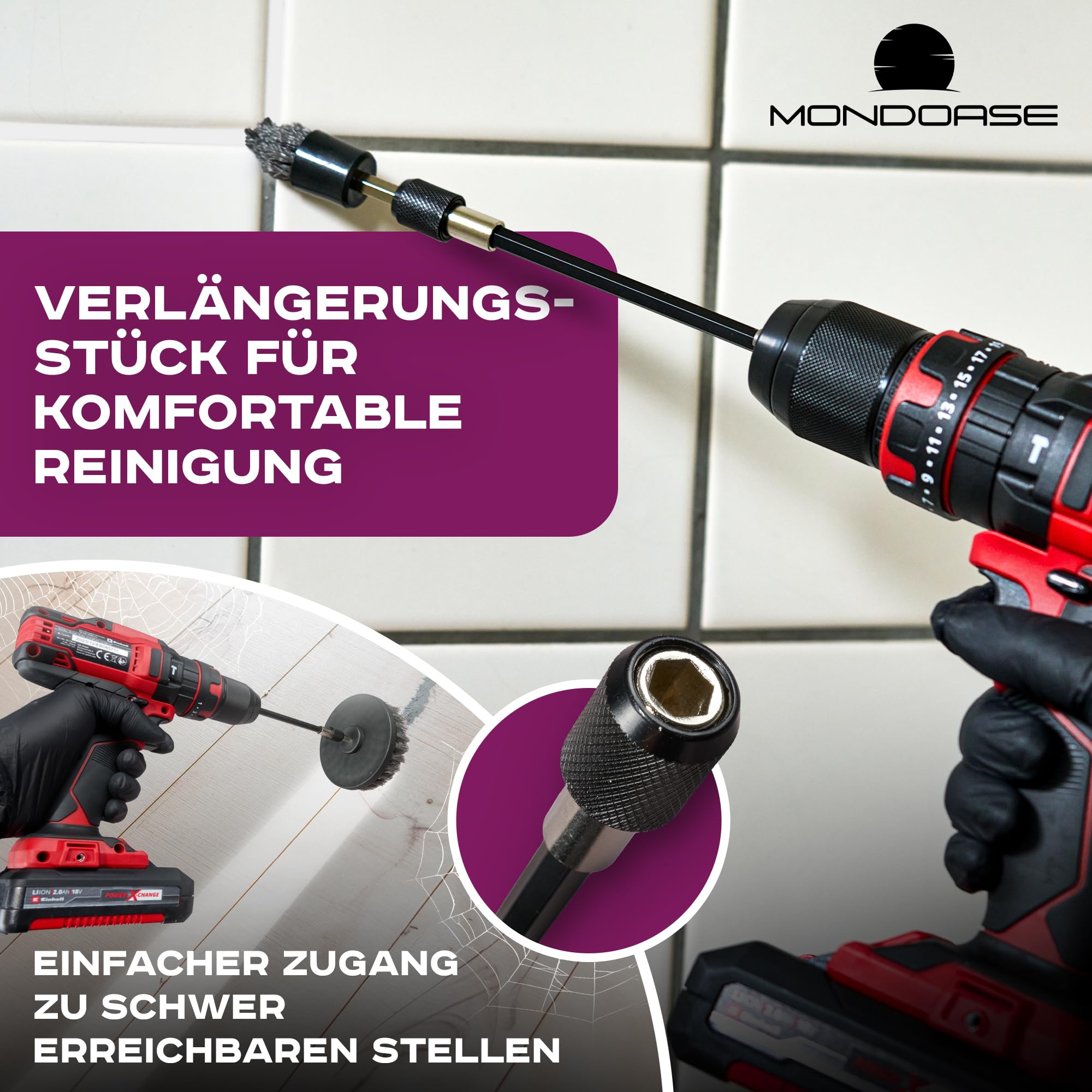 Bürstenaufsatz für Akkuschrauber 10-teilig – Drill Brush Reinigungsbürste – Bad, Küche, Auto, Fliesen, und mehr. I Reinigungsbürste Akkuschrauber I Bürstenaufsatz Bohrmaschine MONDOASE 3