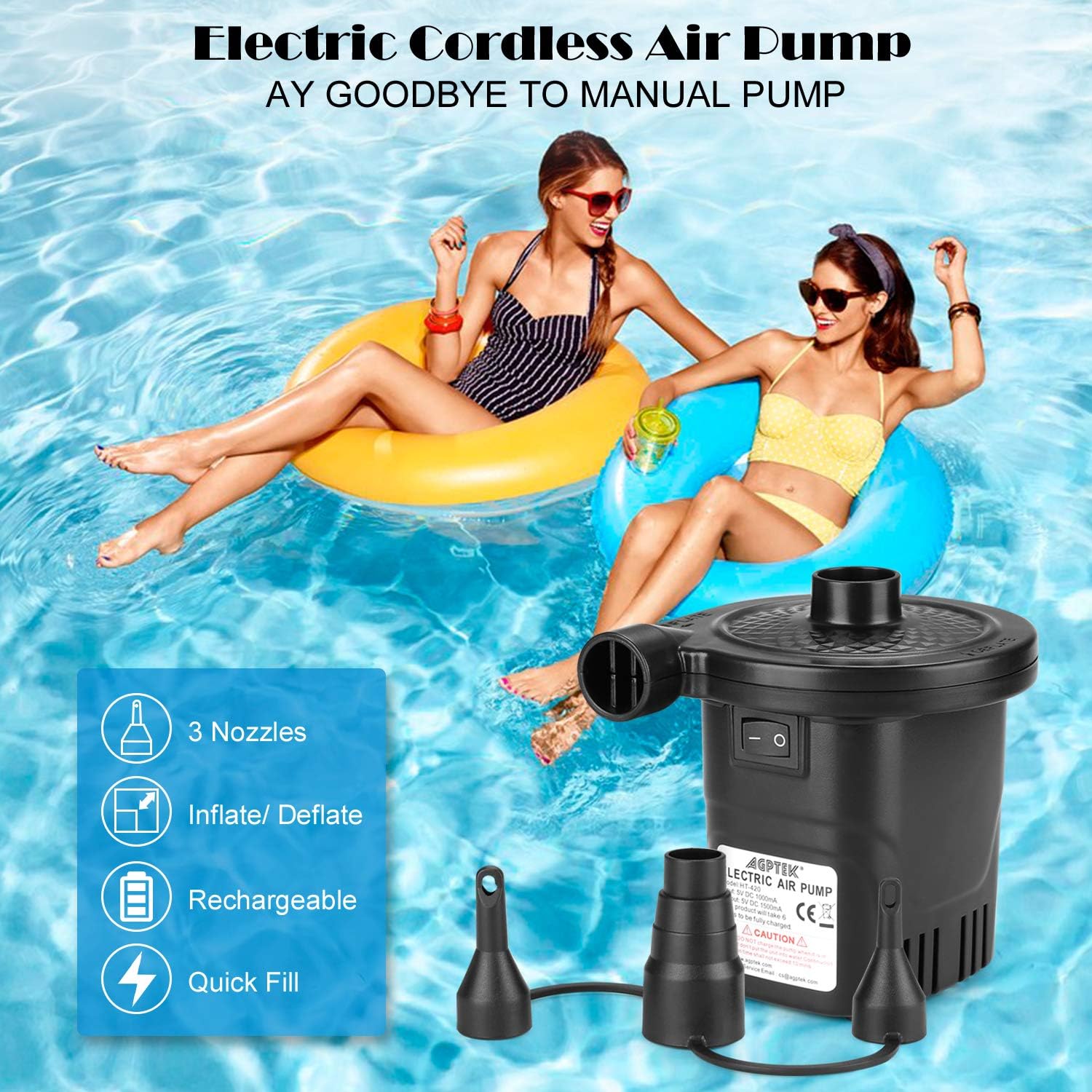 Rechargeable Air Pump, AGPTEK Electric Air Pump Quick-Fill Inflator & Deflator with 3 Nozzles, Lightweight & Portable Rechargeable Air Pump Perfect for Air Beds, Air Mattresses, Pool Toys & Inflatable: Sports & Outdoors
