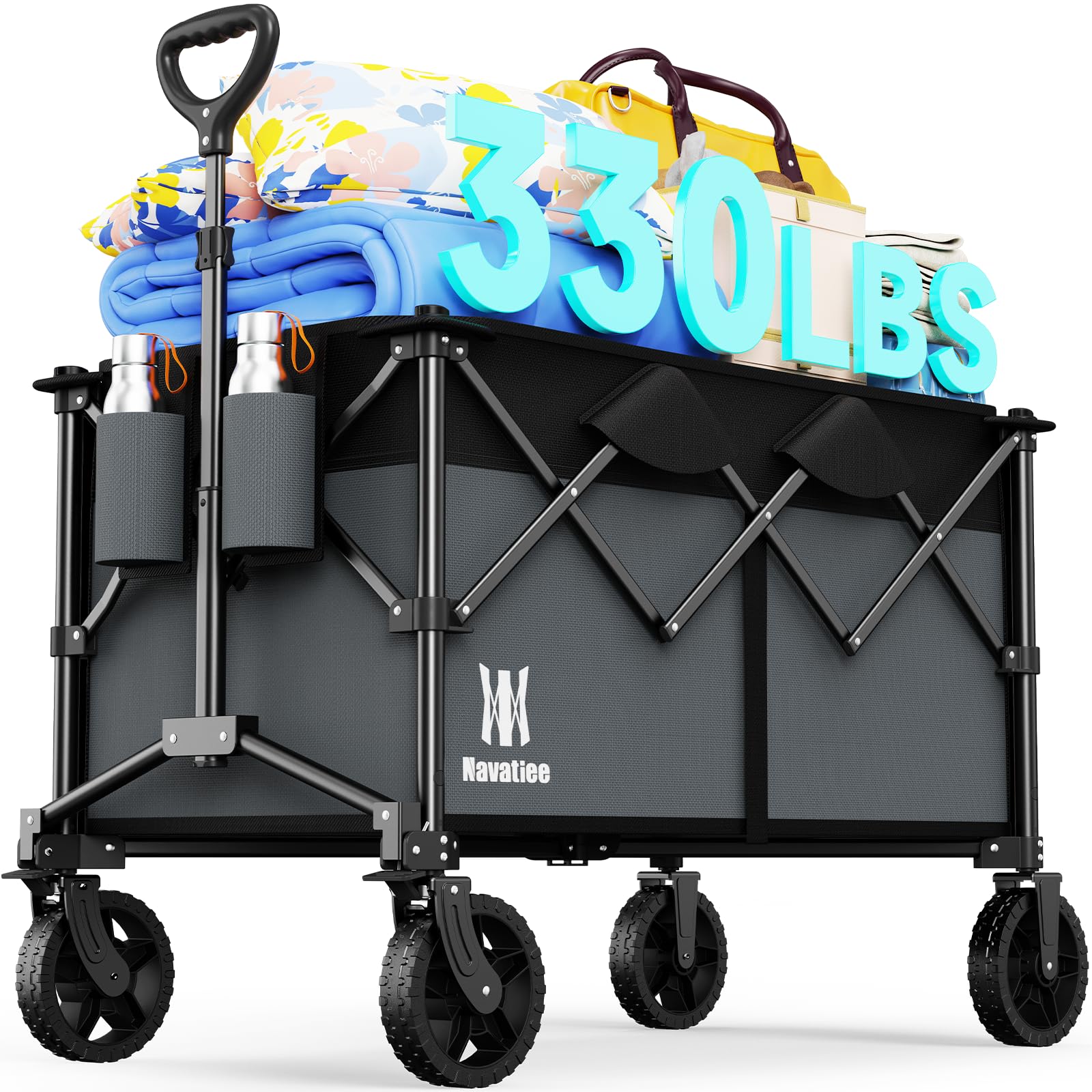 Navatiee 165L Collapsible Folding Wagon, Large Foldable Wagon with Silent All-Terrain Wheels, 330Lbs Heavy Duty Utility Grocery Cart for Camping Shopping Outdoor, Gray Image