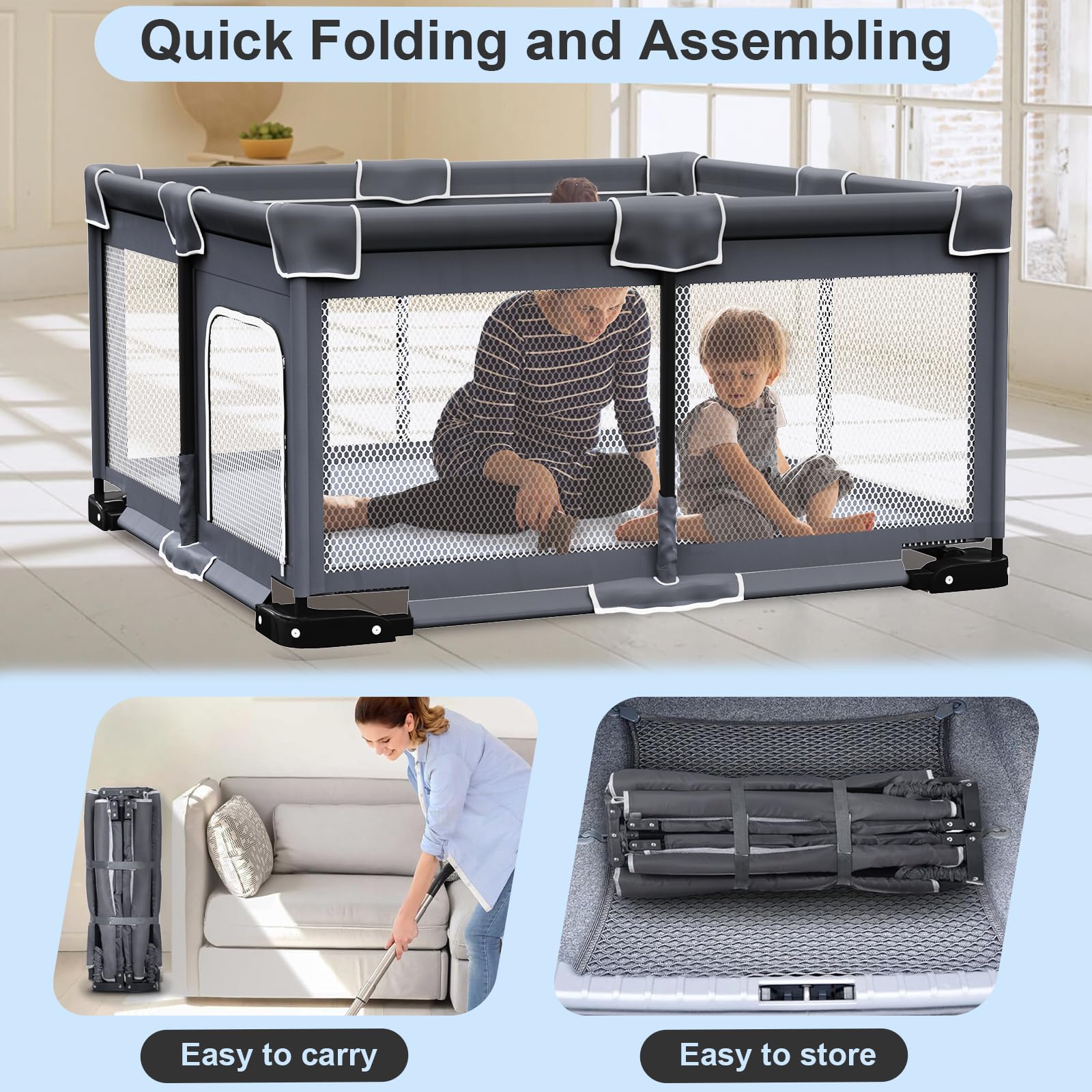 Grobeybees Foldable Baby Playpen with Mat, Foldable Playpen for Babies and Toddlers, Folding Portable Kids Play Pen, Collapsible Play Yard with 2 Handles + Suitable Size Mat(Grey, 50x50 inches)