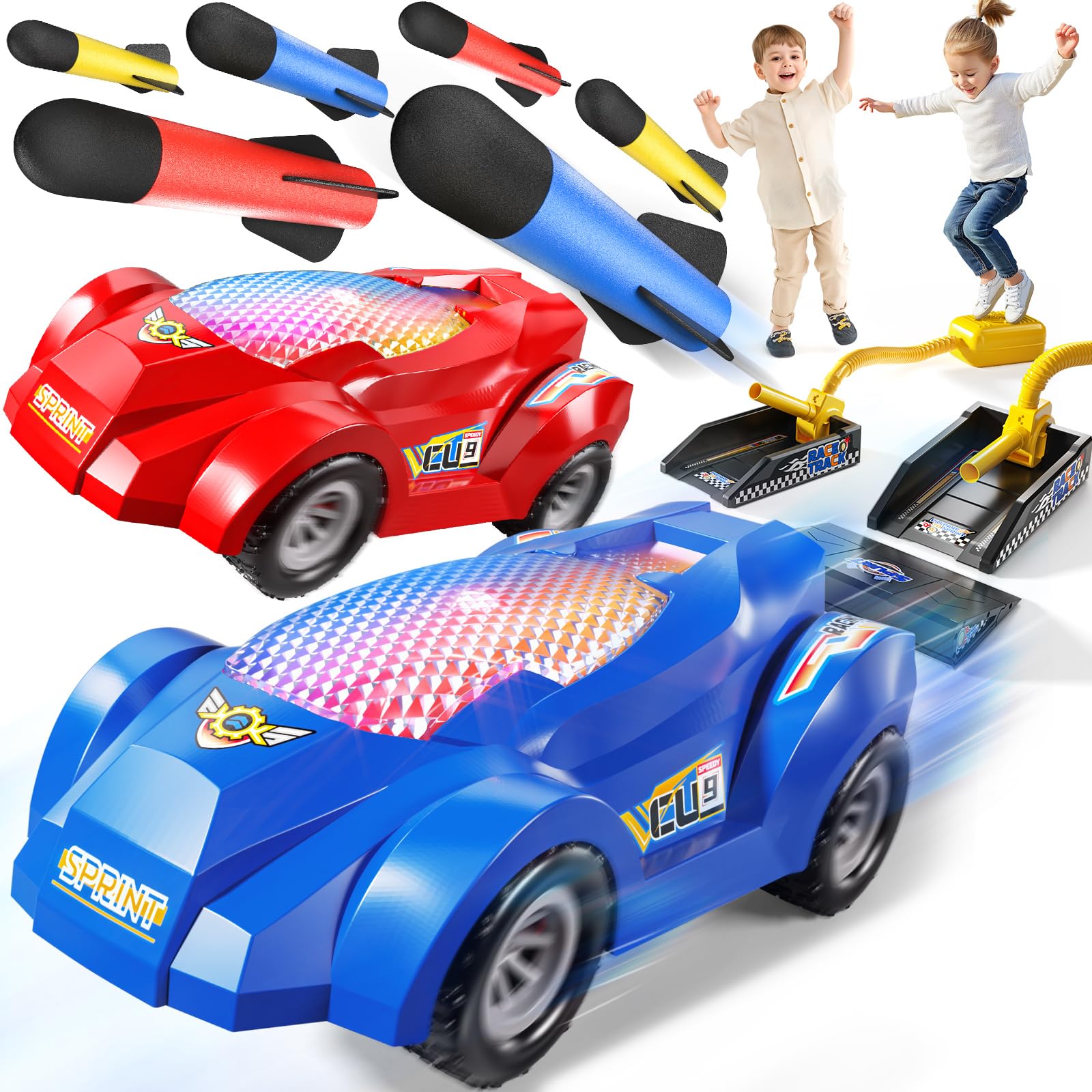 Photo 1 of NIPLOOOW Rocket Toy Car Launcher, 2 Race Car and 6 Foam Rockets, Outdoor Outside Backyard Toys for Boys & Girls, Birthday Gift Toys for Kids Boys Girls Age 3 4 5 6 7 8 Years Old