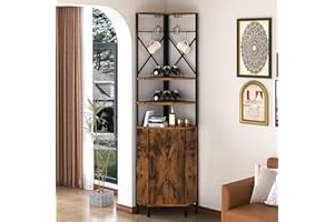 UVANIOHOM Corner Bar Cabinet with Glass Holder & Barn Door, 6 Tier Industrial Wine Cabinet for Liquor and Wine Storage, Corner Liquor Cabinet for Living Room, Kitchen, Small Space, Rustic Brown