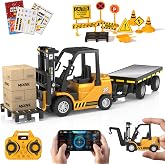 VWAHNANA 1:64 Mini RC Forklift Toy with Trailer &amp; Traffic Sign Set for Boys | 3 Mode (Fork, Hook, Trailer) , 2.4GHz &amp; App Dual Control, Alloy Model, Type-C Rechargeable, Desktop STEM Toy for Kid &amp; Adults
