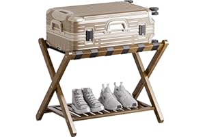 SMIBUY Luggage Rack, Foldable Bamboo Suitcase Stand with Storage Shelf for Guest Room, Bedroom, Hotel, Heavy-Duty, 1 Pack (Walnut)