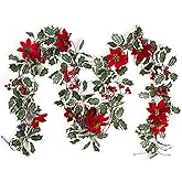 3 Pack Christmas Poinsettia Garland 25.5 Feet Artificial Poinsettia Vines with White-Edged Green Holly Leaves & Red Berries & Pinecones for Xmas Tree Home Deck Railing Staircase Decorations