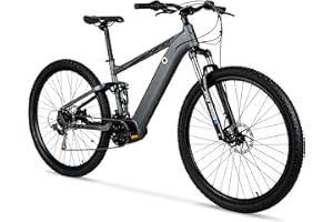 HYPER TOY COMPANY Hyper E-Ride Electric Mountain Bike for Adults 29 Inch. 250w, 36v Battery, Mountain Ebike with Shimano 7-Speed Grip Shifter. Dual Suspension. Rear Air Shock Electric Bicycle for Adults. Matte Grey