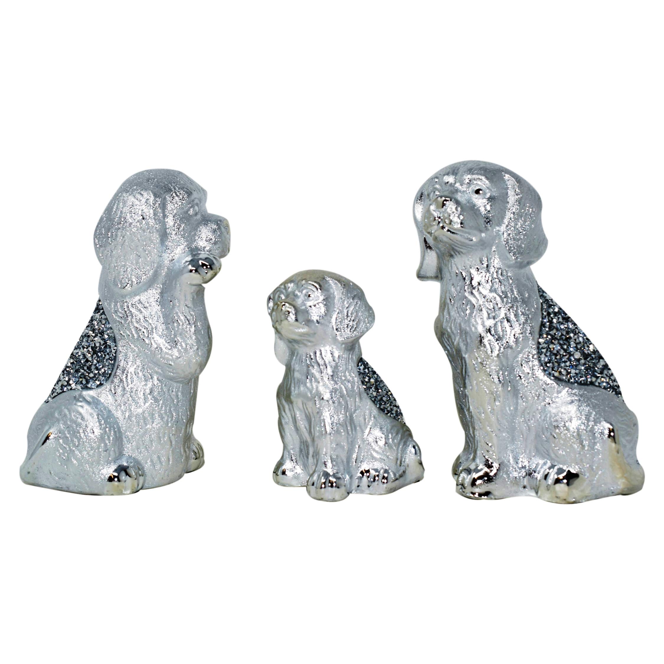 Silver Dog Family Sparkle Ornament Bling Crushed Diamond Gift | CRYSTALLIZED Dog Family figures sculpture|Handmade Craft | Crushed Diamond Display | Wedding Anniversary, Birthday Present, Home Decor