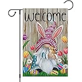 Welcome Easter Gnome Garden Flag 12x18 Double Sided Burlap, Funny Bunny Floral Small Yard Flag Banner for Holiday Farmhouse Outdoor Decor (ONLY FLAG)