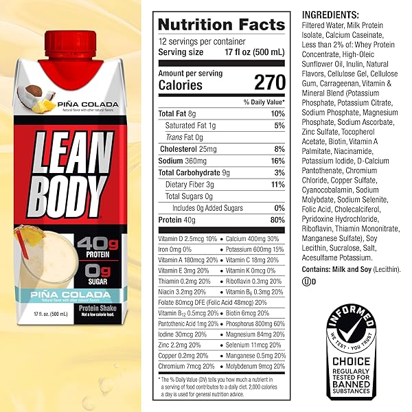 LEAN BODY READY-TO-DRINK PINA COLADA PROTEIN SHAKE, 40G PROTEIN, WHEY BLEND, 0 SUGAR, GLUTEN FREE, 22 VITAMINS & MINERALS, 17 FL OZ (PACK OF 12)