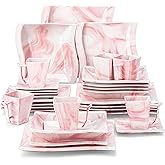 MALACASA Dinnerware Sets, 30-Piece Pink Plates and Bowls Sets for 6, Porcelain Dinnerware Set with Plates and Bowls, Cups and Sacuers, Square Dish Set, Modern Dining Ware Set, Series Flora
