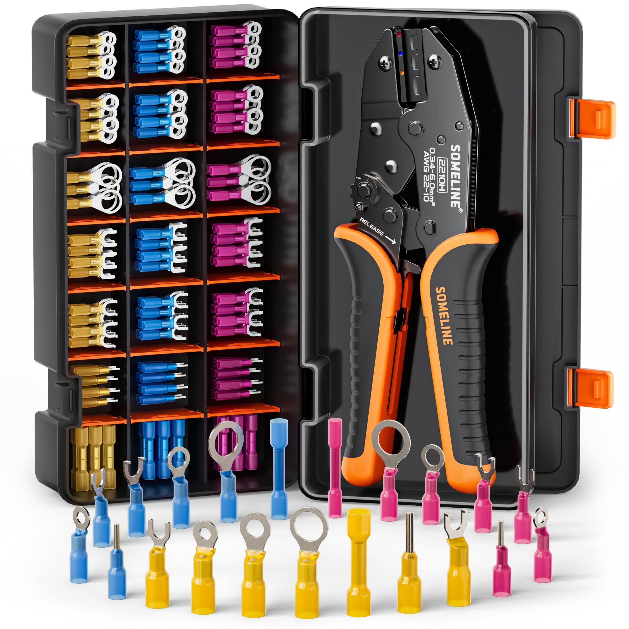 Photo 1 of SOMELINE Crimping Tool for Heat Shrink Connectors Kit, with 21 Size Marine Grade Heat Shrink Terminals, 22-10 AWG Ratchet Crimping Pliers for Heat Shrink, Nylon and Closed End Connectors