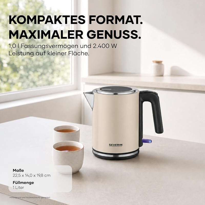 elektrischer Wasserkocher, 1L, mit herausnehmbaren Kalkfilter, XXL-Öffnung, Leuchtanzeige, 360°-Basis, Schnelles Aufkochen, 2.400 W, Wasserstandsanzeige, Edelstahl, dusty beige, WK 9577