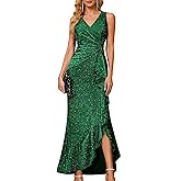 BeryLove Sequin Formal Wedding Guest Prom Cocktail Party Long Ruffle Dresses Sparkly Evening Mother of The Bride Dress