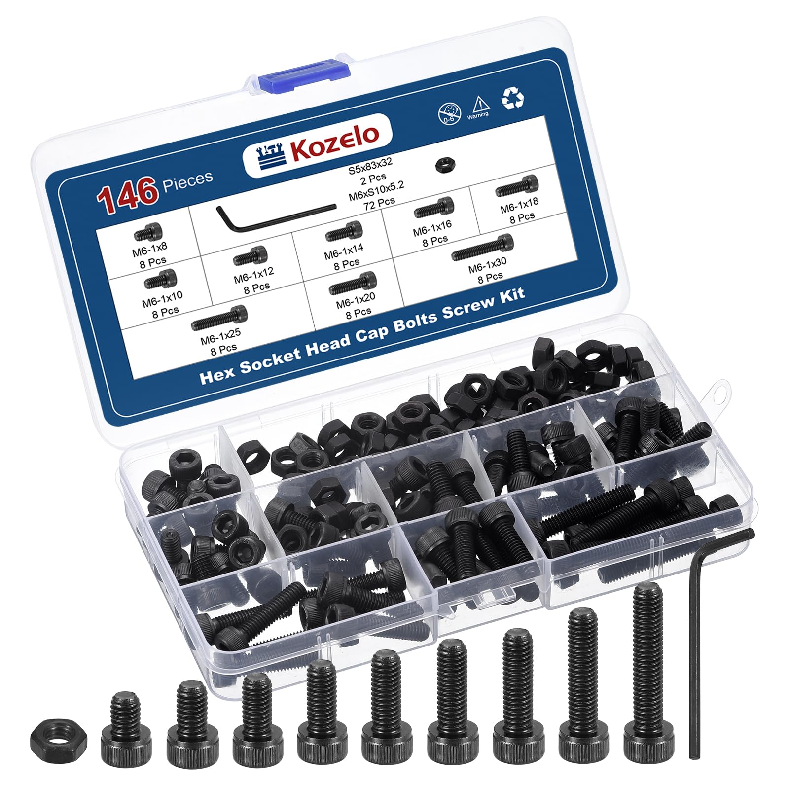Kozelo 146pcs Socket Head Cap Screws Bolts Nuts Assortment Kit - [M6x8/10/12/14/16/18/20/25/30mm] Alloy Steel Black Oxide 12.9 Internal Hex Screw for 3D Printer Use, with Wrench — image 1