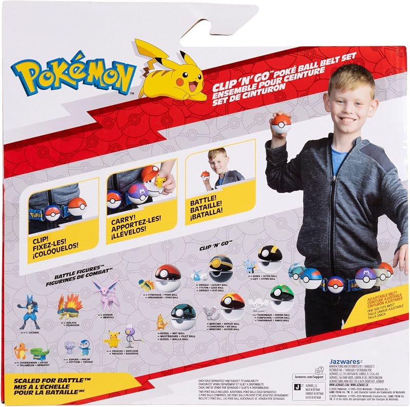 Set de cinturón Pikachu Clip ‘N’ Go de Pokémon: Figura de Batalla de Pikachu de 5 cm con Honor Ball, Ultra Ball y cinturón temático de Tipo eléctrico.