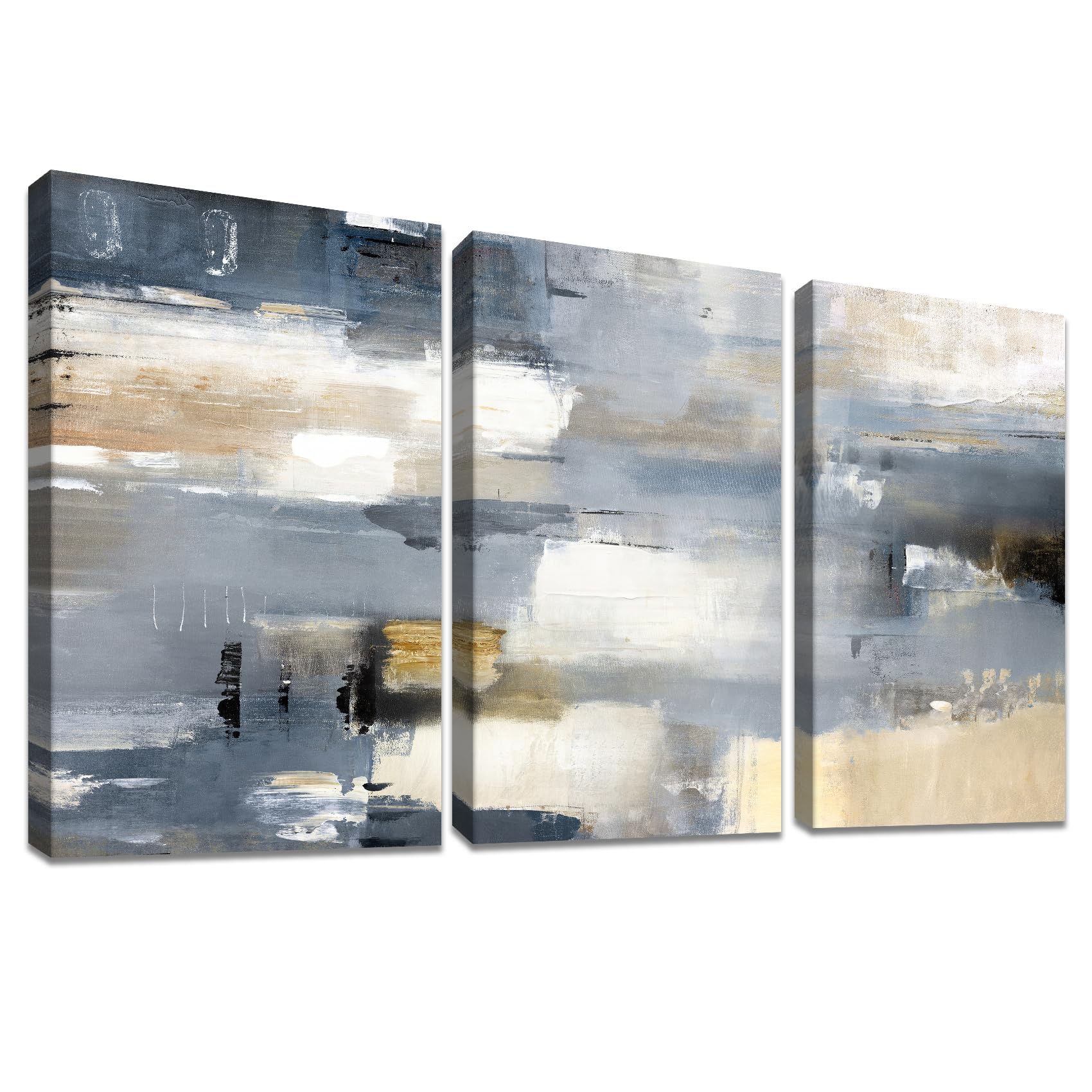 3 Panels Wooden Framed Canvas Wall Art Set Abstract Grey Beige White Painting on Canvas Prints Poster Artworks Pictures for Living Room Bedroom Hallway Stairs Home Office Wall Decor 30x40cm x3pcs