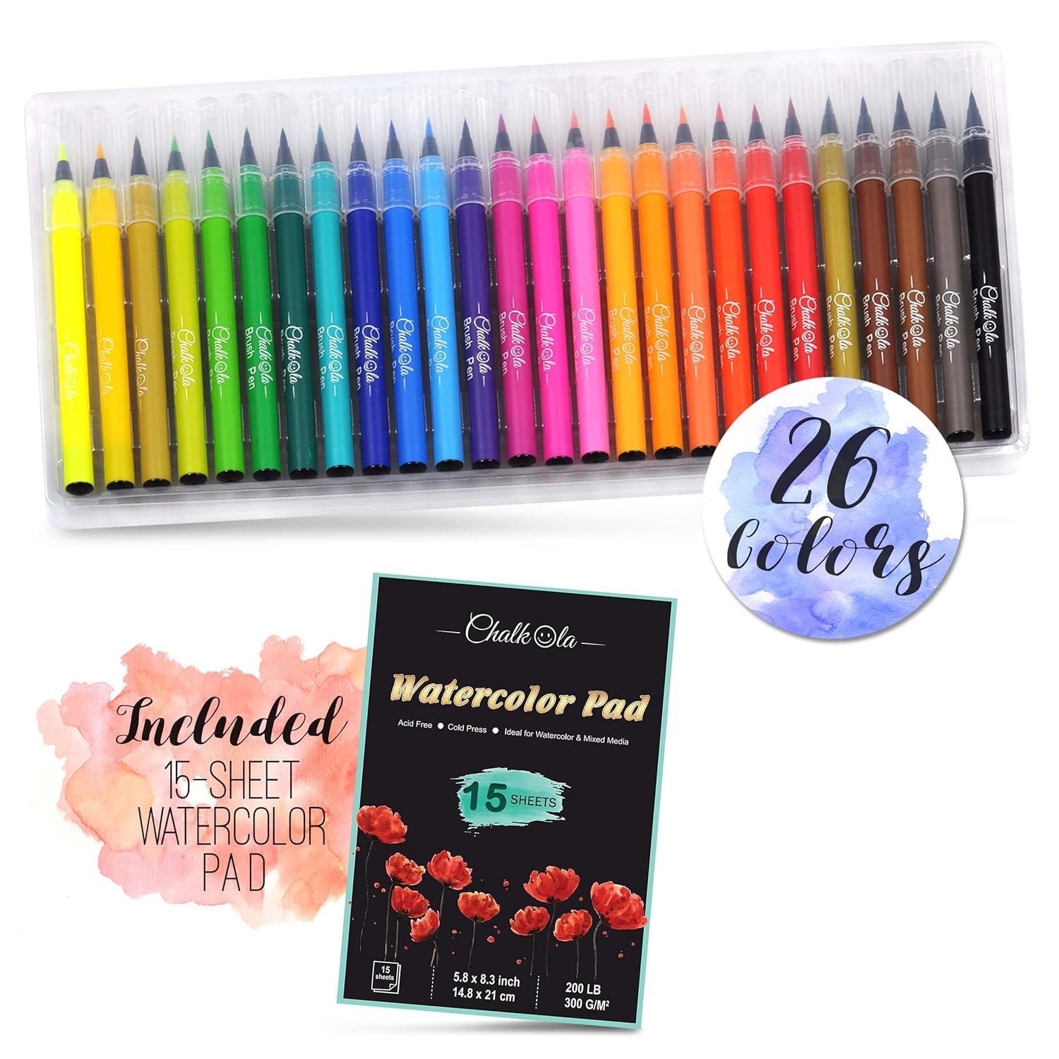 Watercolor Brush Pens Set of 26 with 15Sheet Paper