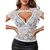 Avidlove Women's Lace Mesh Short Sleeve Top Floral Sheer See Through Blouse Sexy Tops