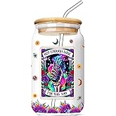 FIVITY Tarot Card Skeleton 16 Oz Glass Cup with Lids and Straws Halloween Skull Iced Coffee Tumbler Not Enough Sage Drinking Glasses Christmas Birthday Funny Gifts for Women Men Friends Coworkers