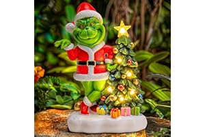 YDKOJGW Green Monster Solar Garden Statue with Christmas Tree and 6 LED Lights - Outdoor Figurine - Glossy Resin - Waterproof - Spot Clean - Christmas Decor