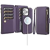 Antsturdy Compatible with Magsafe Magnetic 2 in 1 Detachable iPhone 14 Pro Wallet Case with Credit Card Holder Slots,PU Leather RFID Blocking Phone Cover Wrist Strap Zipper Women Men,Purple