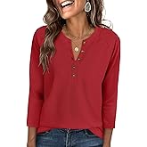 ANRABESS Women's 3/4 Sleeve Waffle Knit Tops V Neck Dressy Casual Button Loose Henley Shirts 2026 Spring Basic Tee Blouse