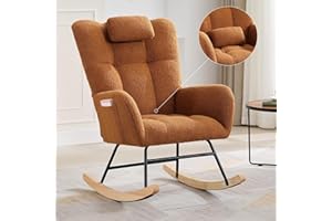 Attracoast Nursery Rocking Chair Upholstered Glider Rocker Comfy Rocking Accent Chair Padded Seat with High Backrest Armchair Cozy Side Chair for Living Room ，Bedroom &Offices,Brown