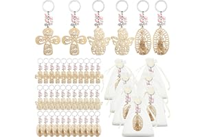 Hicarer 30 Pcs Baptism Key Ring Bautizo Recuerdos De Bautizo Para Cross Wooden Keychain with Organza Gift Bags Baptism Favor (Pink Pearls)