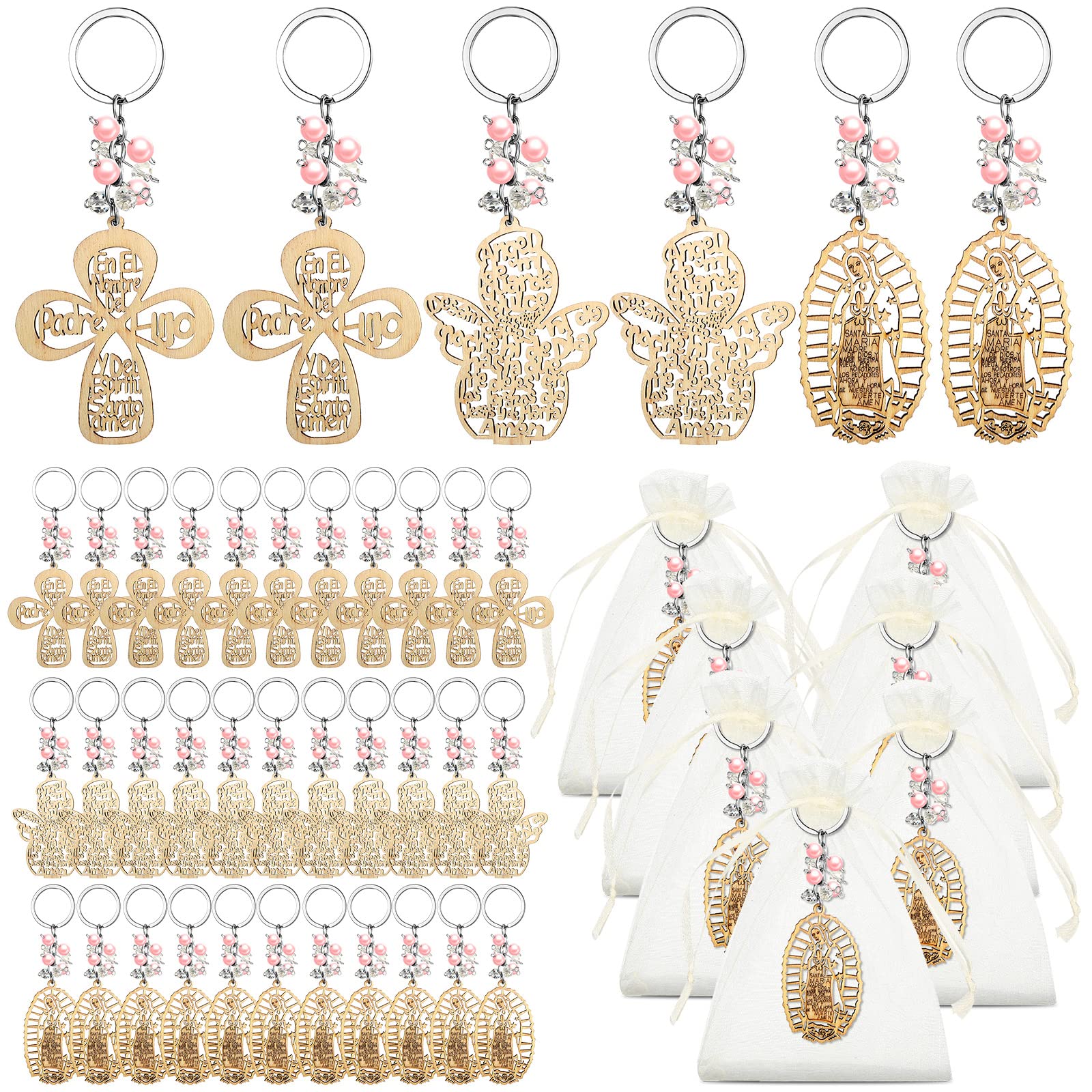 Photo 1 of Hicarer 30 Pcs Baptism Key Ring Bautizo Recuerdos De Bautizo Para Cross Wooden Keychain with Organza Gift Bags Baptism Favor (Pink Pearls)