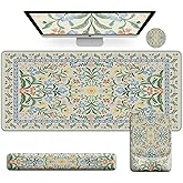 iCasso Mouse Pad with Wrist Rest,Large Desk Mat Set,Ergonomic Keyboard Pad with Wrist Support,Non-Slip Mouse Mat for Women,Cute Floral Computer Mat for Home Office Gaming (Green Floral)