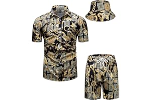 fohemr Mens Luxury Outfit Set Black Gold Shirts and Shorts 2 Piece Tracksuit Set Baroque Button Down Suit with Bucket Hats