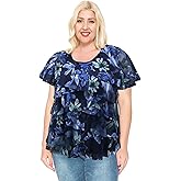 LEEBE Women and Plus Size Printed Mesh Ruffle Top (Small-5X)