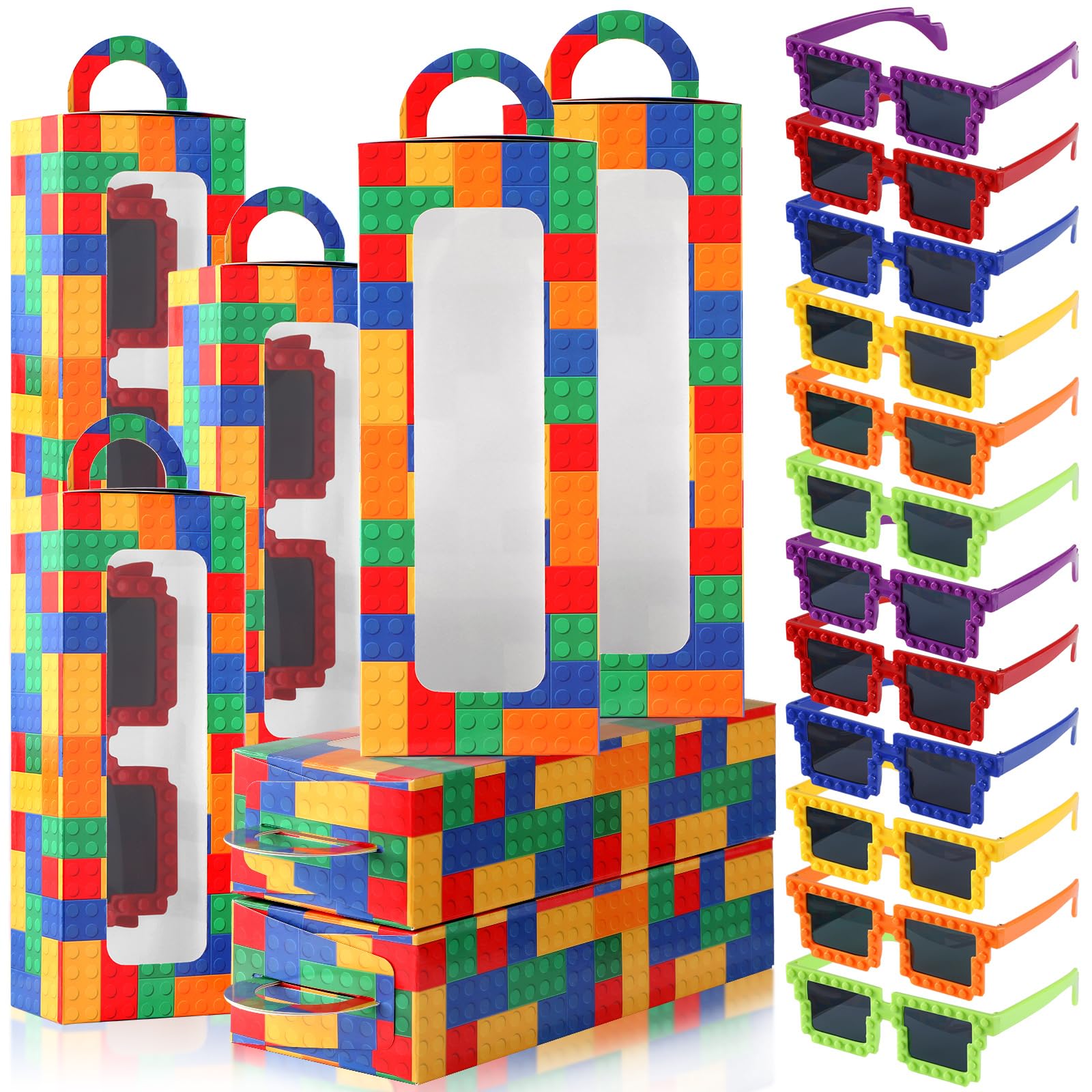 Photo 1 of 12 Sets Building Block Brick Party Decorations Brick Gift Boxes with Sunglasses Goodie Candy Box with Handle Colorful DIY Block Sunglass for Games Boys Girls Birthday Baby Shower Decor Supplies