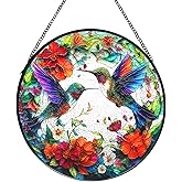 Hummingbird Suncatcher Stained Glass Window Hanging Set, 7.8 Inch Sun Catcher for Indoor Outdoor Wall Art & Home Decor, Gifts for Bird & Plant Lovers, Women (Hummingbird)