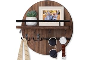 Nekon Key Holder Wall Mount, 11.8 Inch Key Rack with Shelf and 6 Key Hooks, Rustic Key and Mail Organizer, Circular Wooden Ke