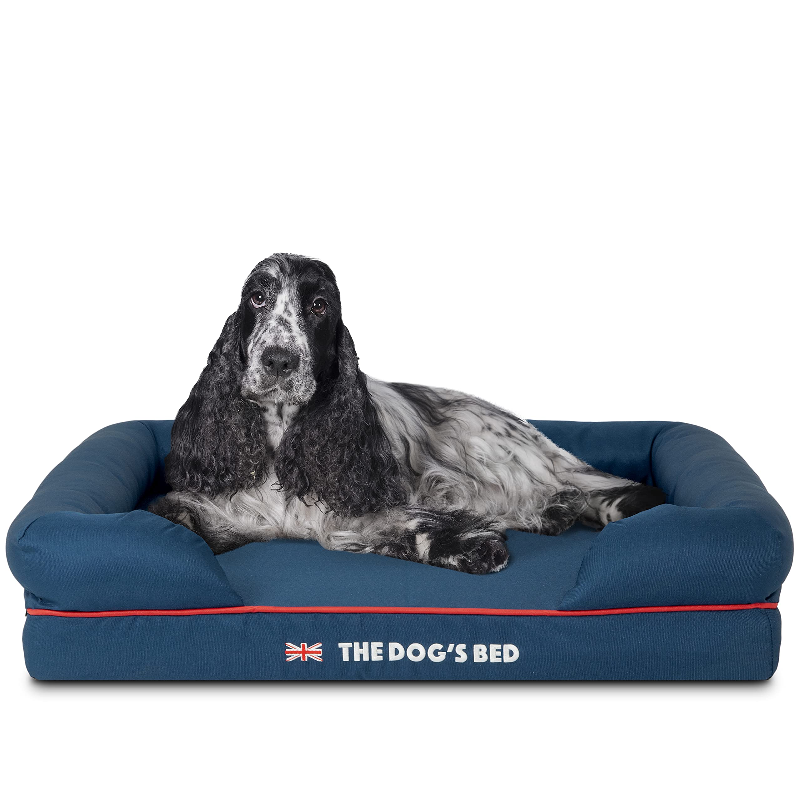The Dog’s Bed – Orthopaedic Memory Foam Bolster Bed, Blue with Red Trim & UK Flag, Medium