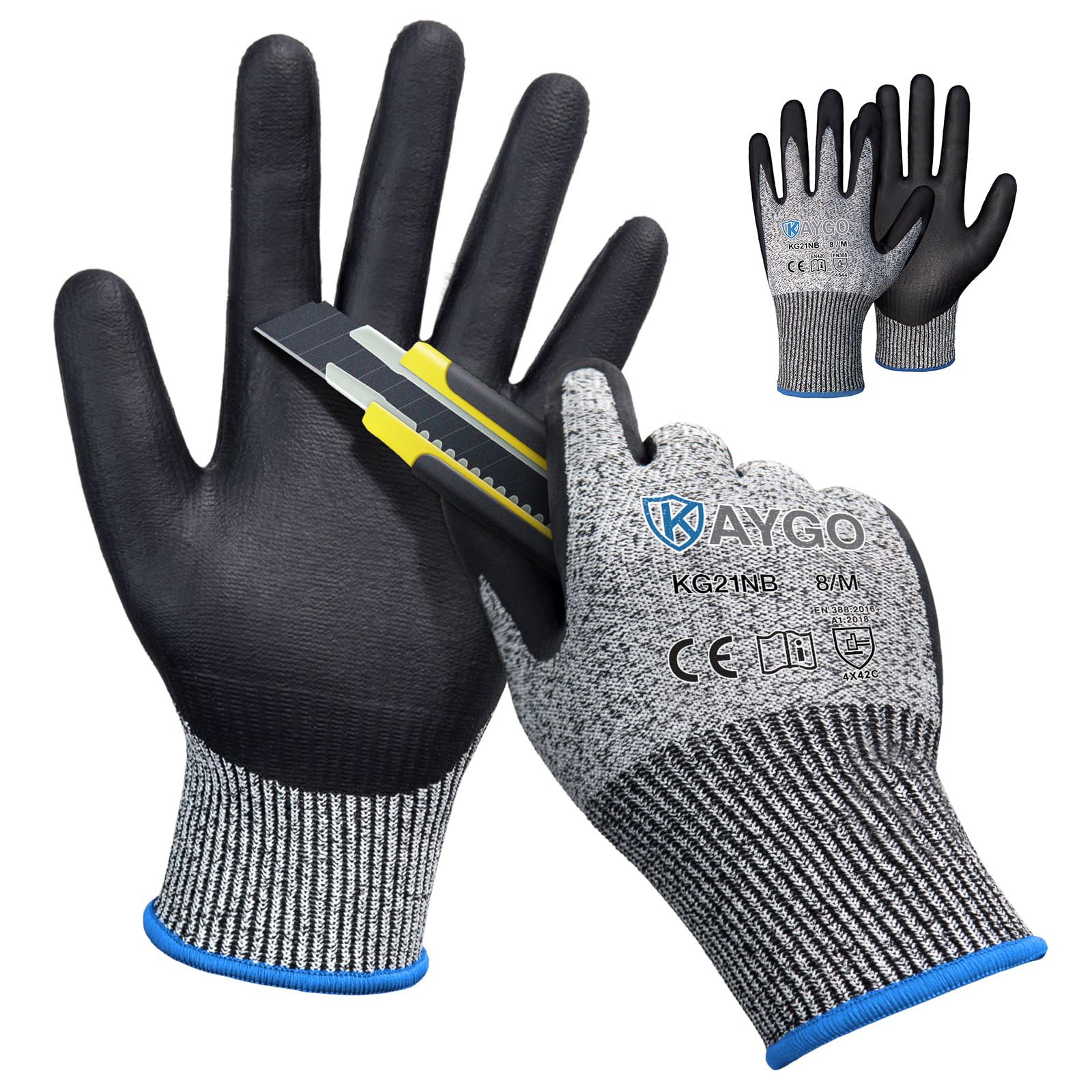 KAYGO Cut Resistant Work Gloves - 2 Pairs, Level C Protection, MicroFoam Nitrile Coated Good Grip Machine Washable, Cut Proof Safety Gloves EN388 4X42C, Ideal for General Purpose, KG21N (Grey, M)