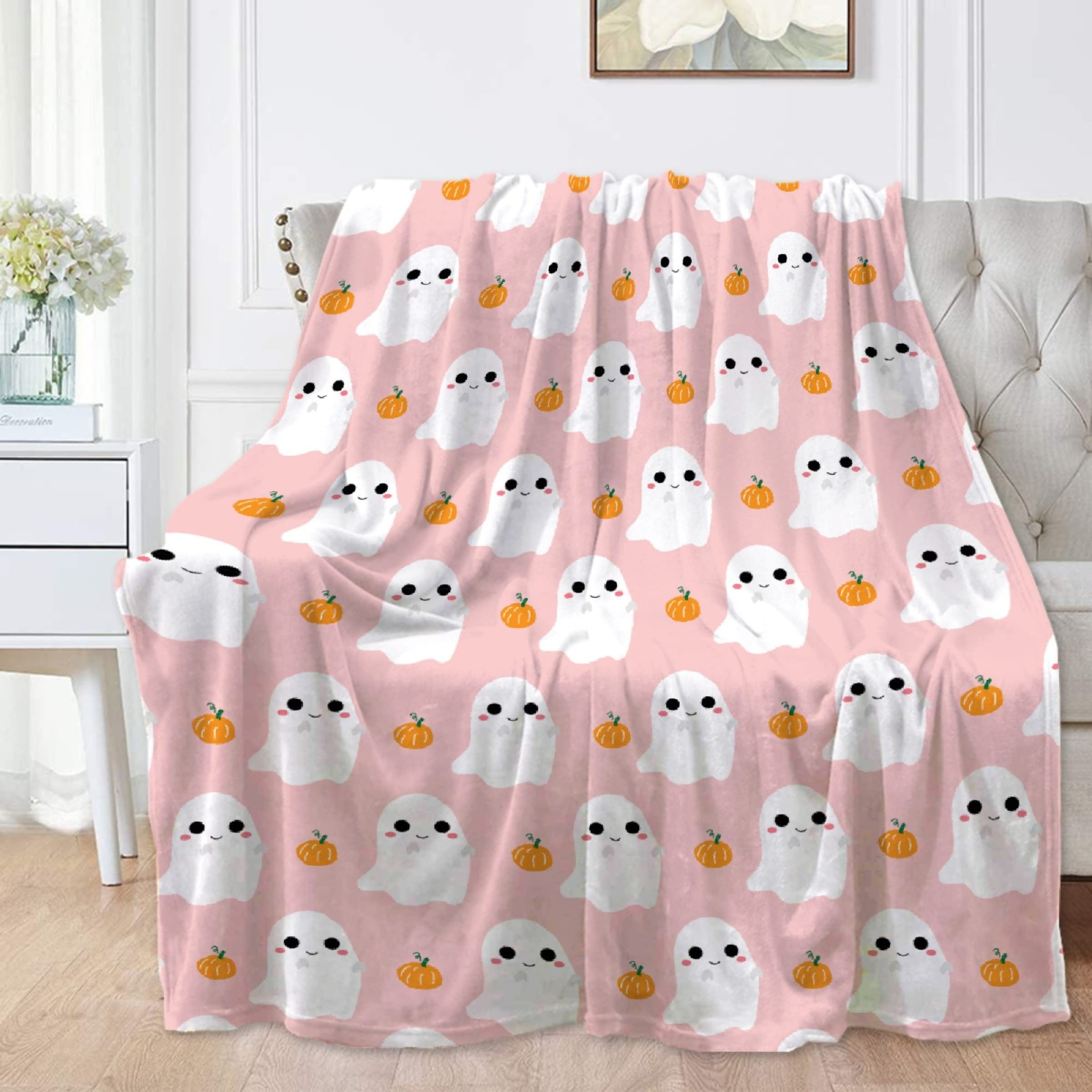 Photo 1 of (SLIM) (BAGGED) Cute Ghost Pumpkin Pink Blanket Halloween Lightweight Throw Blanket for Women Men Soft Cozy Fleece Couch Living Room Bed Blanket for Kids Girls Boys—All Season X-Small 40x30In (Toddler) PET