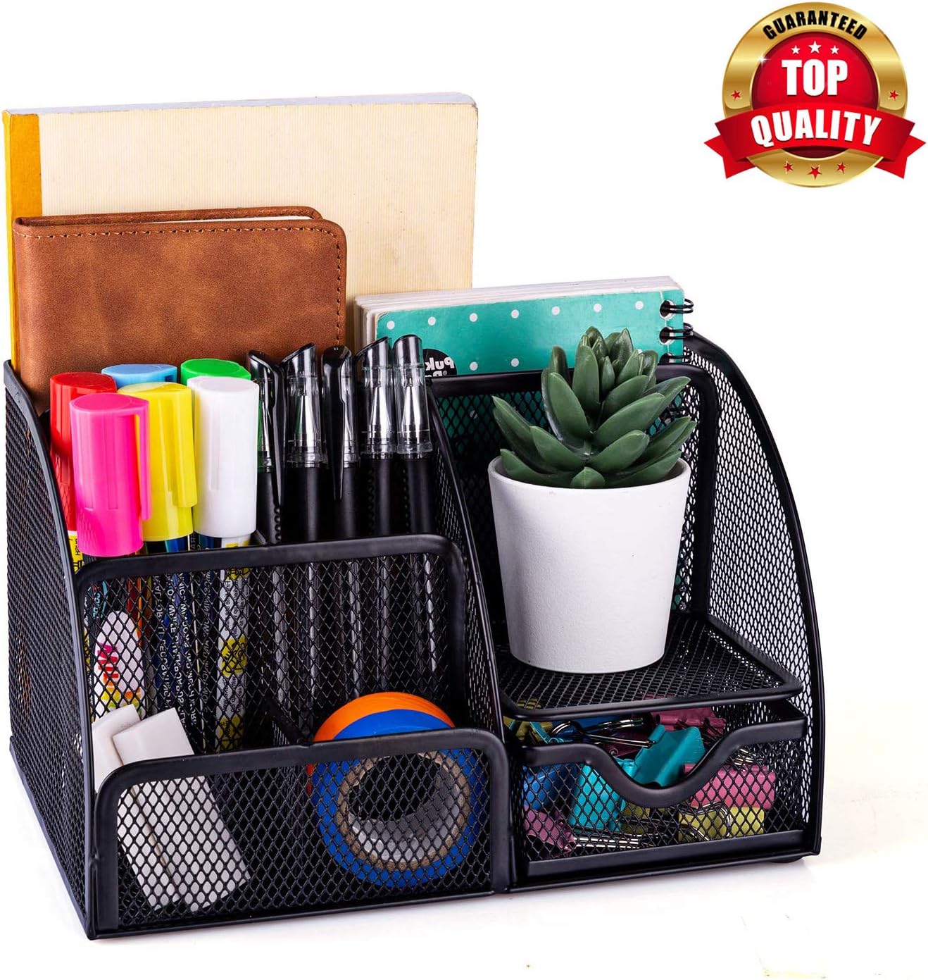 Smart Saver Office Desk Organizer with 6 Compartments + Drawer | The Mesh Collection, Black
