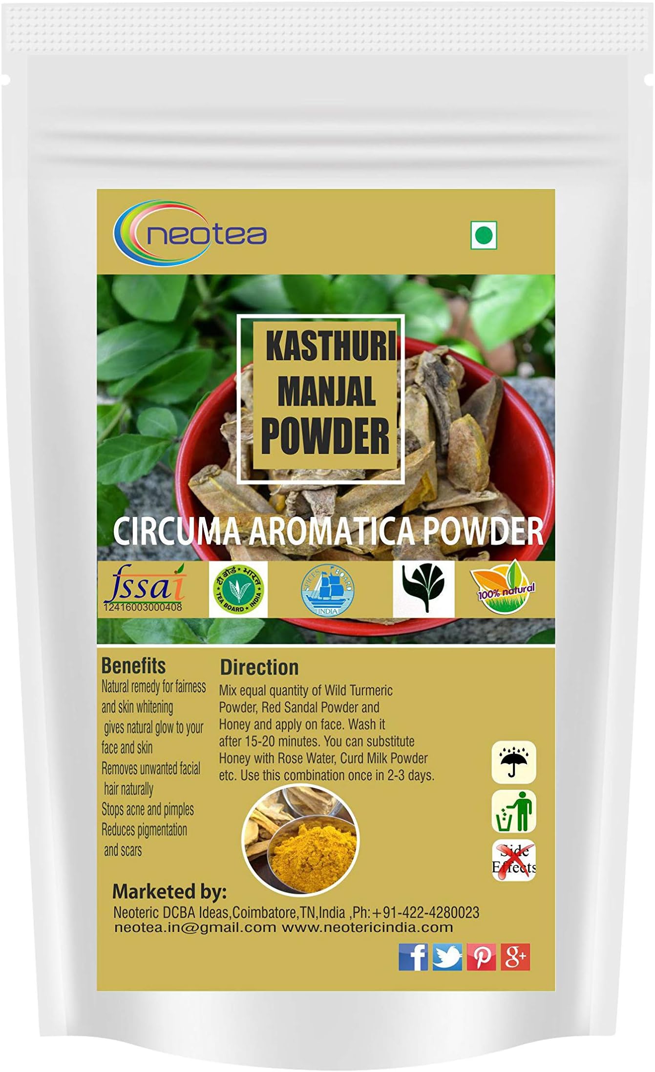 Neotea Kasturimanjal Powder | Natural Kasturi Haldi Powder for Glowing Skin | Wild Turmeric (Curcuma Aromatica) for Acne, Dark Spots, & Tan Removal | 100% Pure, Chemical-Free, Preservative-Free | Brightening & Whitening Face Pack for Healthy Complexion | Organic & Traditional Beauty Care 300 GM