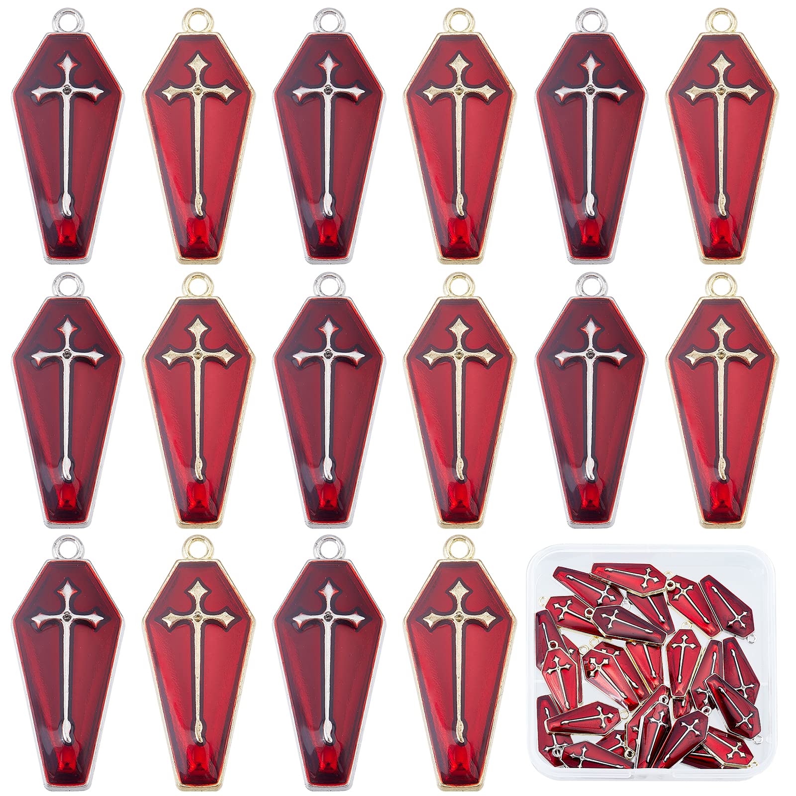 SUNNYCLUE 1 Box 30Pcs 2 Styles Red Coffin Charms Horror Enamel edge Silver Coffin Cross Halloween Pendants Gothic Dangle Earring Pendants for Jewelry Making Charms DIY Crafting Party Decoration Favors — image 1