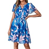 Simplee Women 2026 Floral Summer Short Dress Short Sleeves V Neck Chiffon A-Line Casual Flowy Boho Mini Dresses