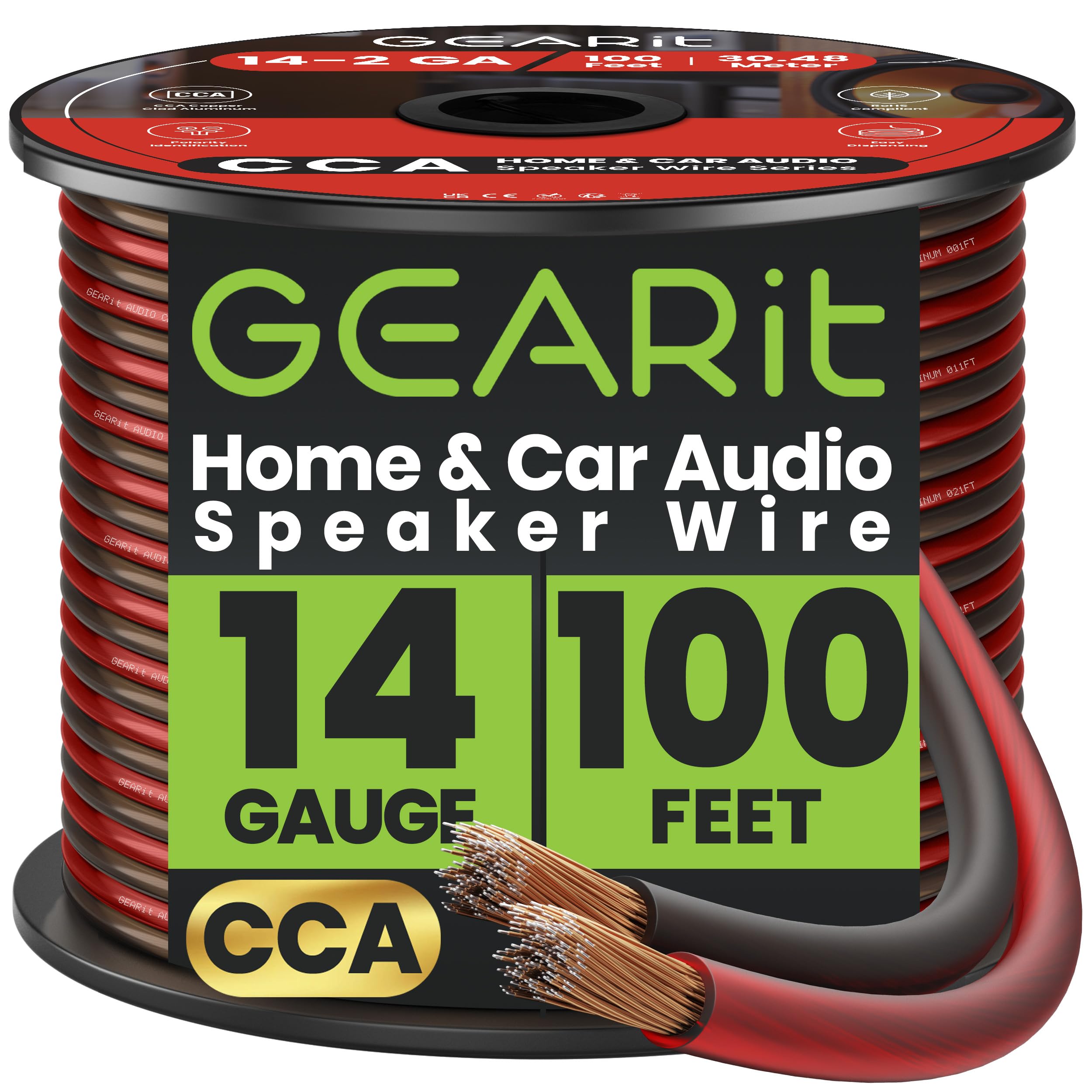GEARit 14 Gauge Speaker Cable 100ft, 2x2.5mm² CCA Copper Clad Aluminum Speaker Wire for Hifi Home Theater Speakers & Car Audio Stereo, 14AWG Flexible Audio Cable for DIY (30.48M - Black Red)