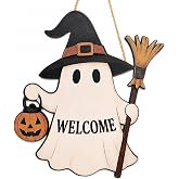 Halloween Decorations - Halloween Wooden Ghost Welcome Sign for Front Door | 2D Printed Flat Cute Ghost Garland Door Hanging Sign - Halloween Wreaths| Halloween Party Favors Supplies for Door Wall Decor