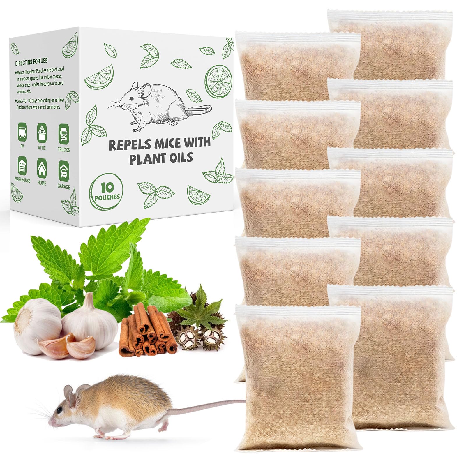 Photo 1 of Rodent Mouse Repellent Pouches, 10 Pack Peppermint Oil Bug Roach Mice Deterrent for Indoor Outdoor, Natural Repellent Keep Squirrel Spider Pests Repel Rats, Safe for Pets & Family