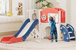 67i Indoor Toddler Slide with Drawing Board, Golf Set, Basketball Hoop - Kids Playground for 1-3 Year Olds, Non-Slip Steps & Storage Space (Red Blue)